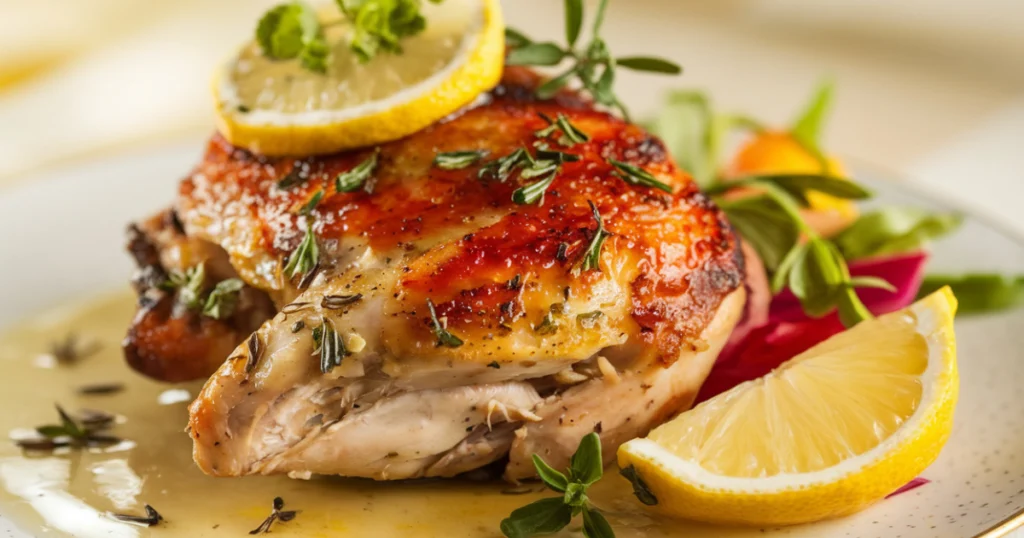 Perfectly roasted chicken thigh with crispy golden skin, garnished with fresh herbs and lemon slices, served with a light sauce on a white plate.