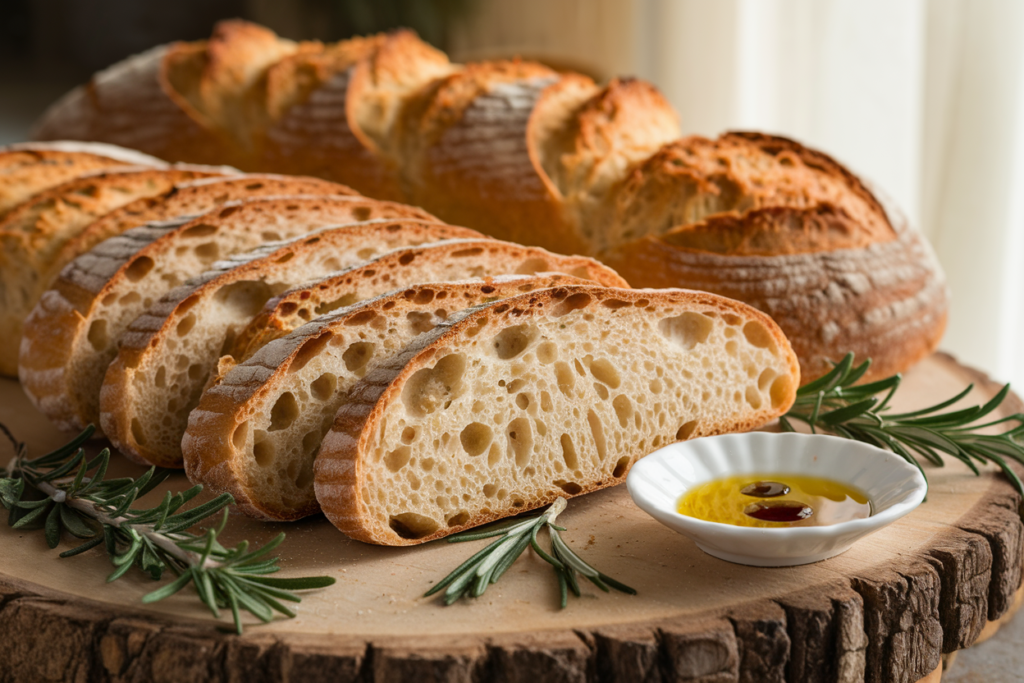 Delicious Recipes
Freshly baked artisan bread with a golden crust, sliced and arranged on a rustic wooden board, garnished with rosemary and a dish of olive oil for dipping